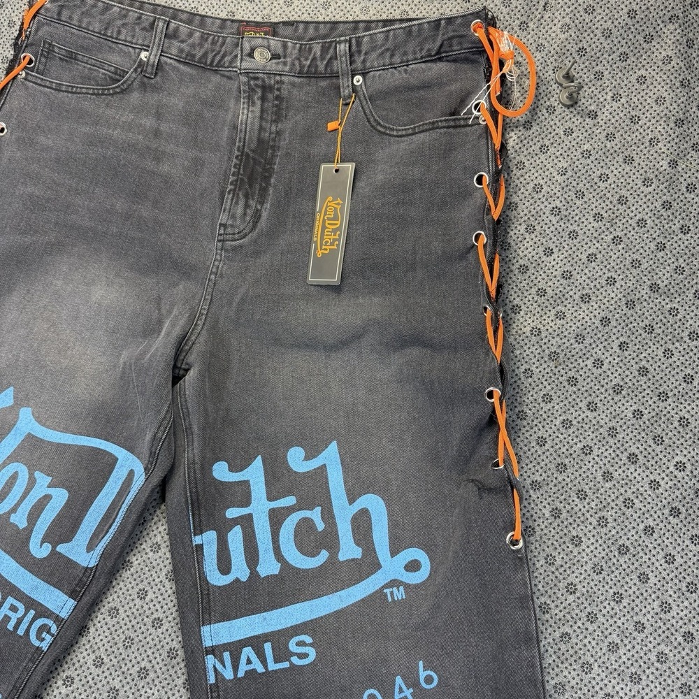 Men's Von Dutch The Reapers Baggy Embroidered Jeans Washed Black Denim Size 36 - Picture 7 of 16